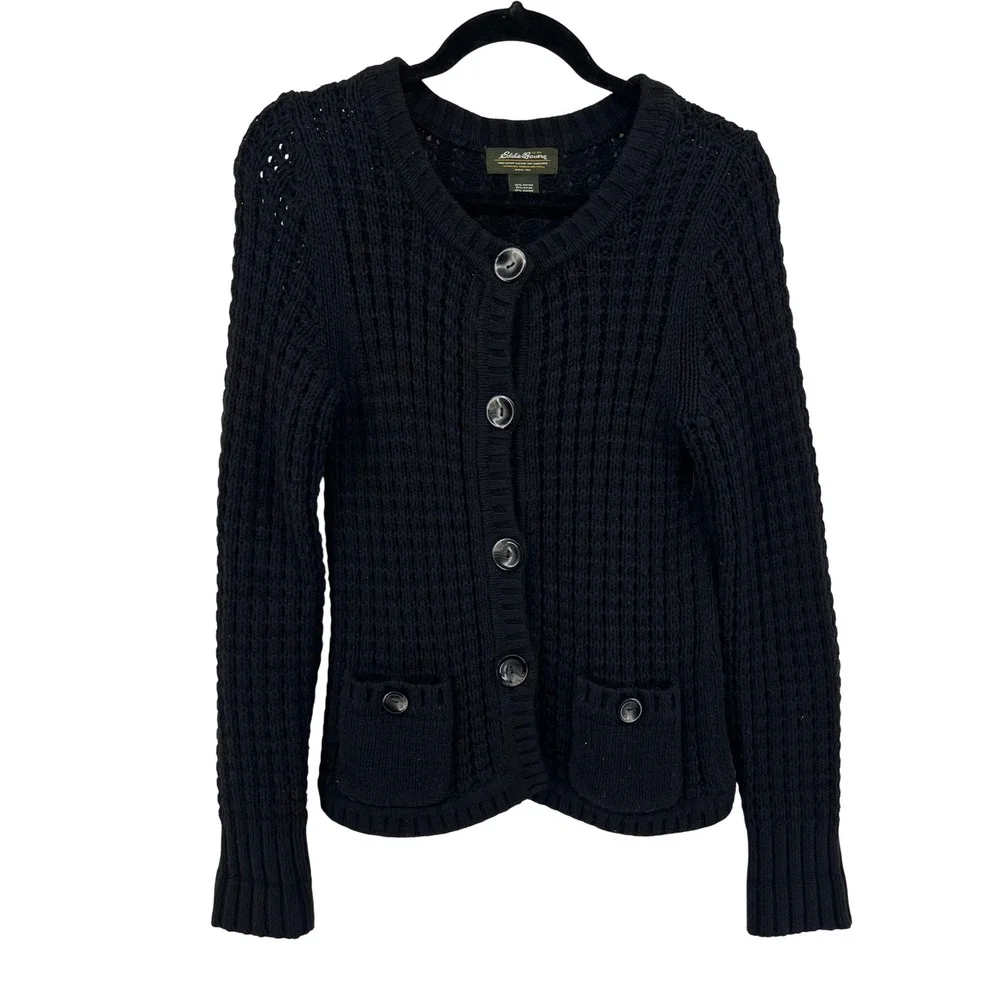 Eddie Bauer Black Cotton Angora Blend Chunky Pointelle‎ Knit Cardigan Sweater M